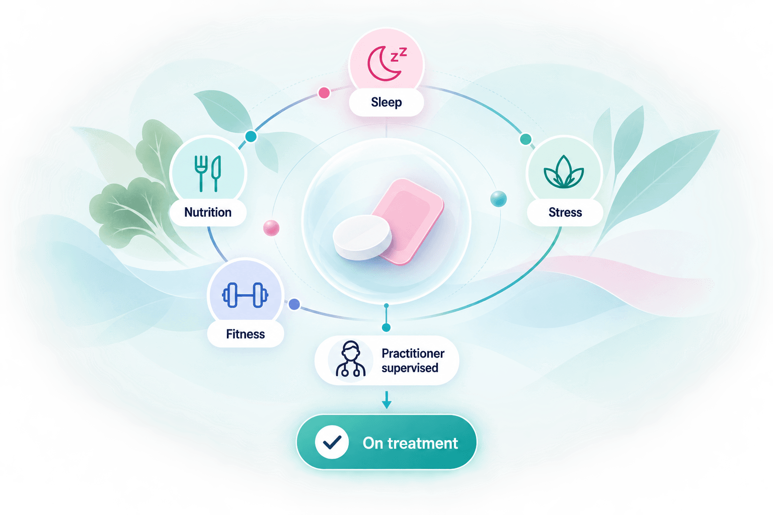 Hormone therapy supported by nutrition, fitness, sleep, stress management, and practitioner supervision