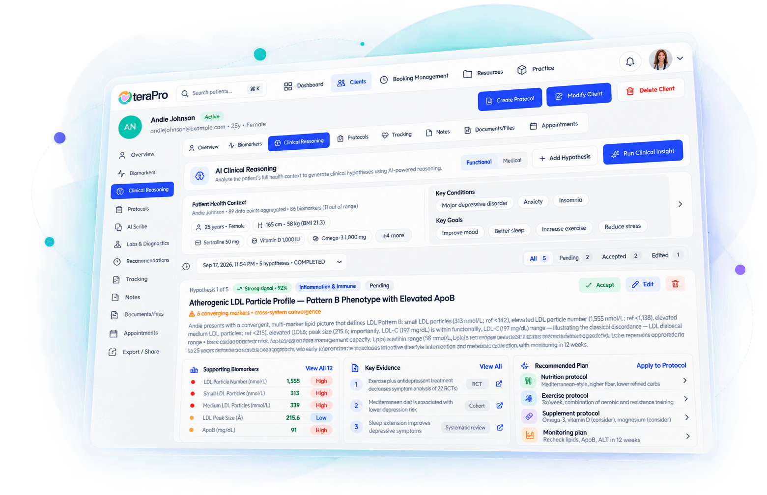 TeraPro Clinical Reasoning platform showing patient health context, clinical hypotheses, supporting biomarkers, evidence, and recommended protocols